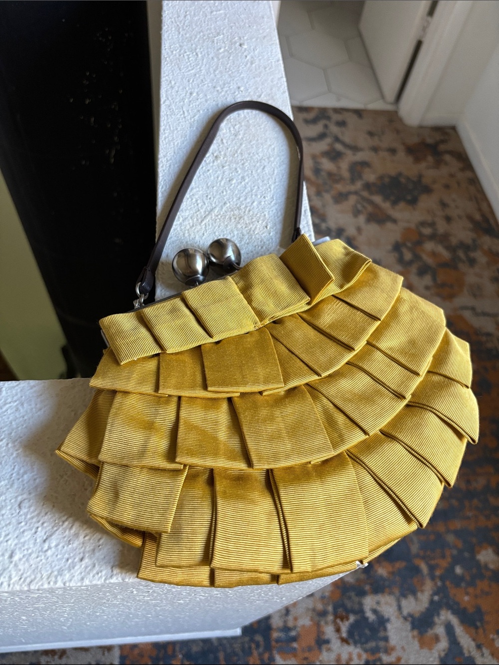 Boden Yellow Ruffled Satin Clutch with Top Handle